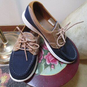 Women's GoGa Max Skechers navy tan casual boat, beach lace up shoes